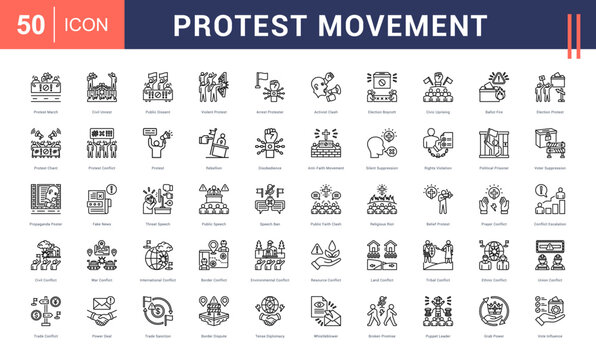 Protest Movement Icon Set. protest march, civil unrest, public dissent, violent protest, arrest protester and more. Line vector icons collection.