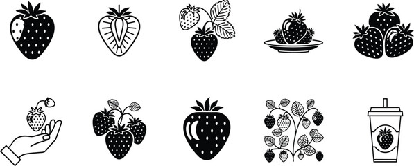 Strawberry icon collection vector set, fresh berry fruit illustrations, strawberry plant, juice cup, hand holding fruit, organic food symbols © Shahanaj