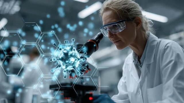 Scientist Examining Microscopic Specimen: A focused scientist, with protective eyewear, intently examines a microscopic specimen under a laboratory microscope.