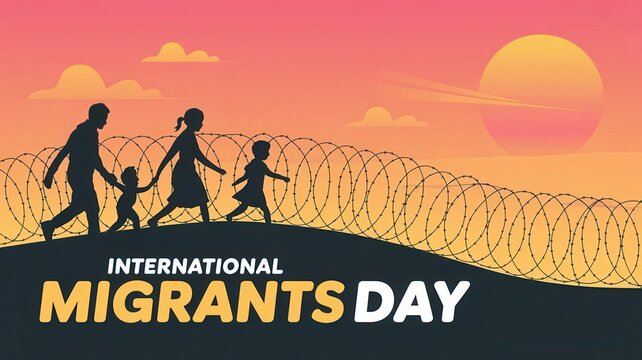 International Migrants Day illustration with silhouette family walking along barbed wire fence at sunset