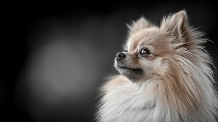 Obraz premium A black and white portrait of a Pomeranian with fluffy fur.