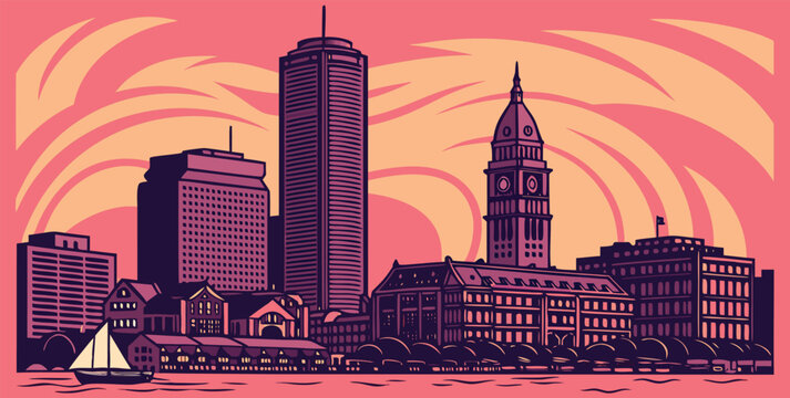Boston Massachusetts Sunset Cityscape with Modern Skyline Silhouette
