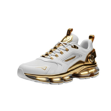 White sneaker with gold accents and isolated on transparent background