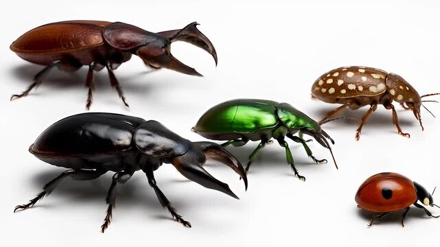 Different colored beetles on white.