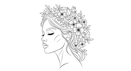 Fototapeta premium Elegant Woman With Flowers In Her Hair Line Art.