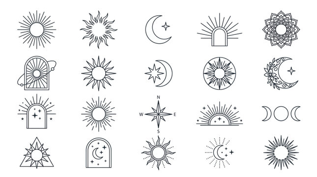 Celestial mystical line art icons featuring various sunbursts, moon phases, stars and geometric arches on white background, symbolizing esoteric branding and spiritual website design