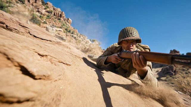 Infantry soldier lying prone behind rocky cover aiming rifle across desert battlefield with intense concentration with cinematic realism during frontline warfare