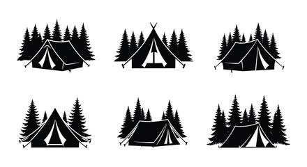Black and white silhouettes of camping tents amongst pine trees © Begum