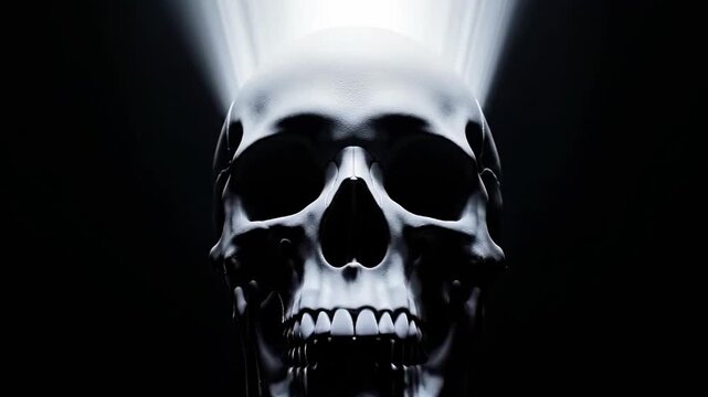 A grayscale skull with a glowing white light emanating from the top against a black background