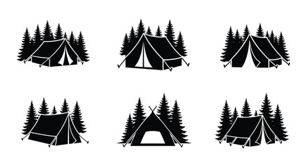 Black and white silhouettes of camping tents amongst pine trees © Begum