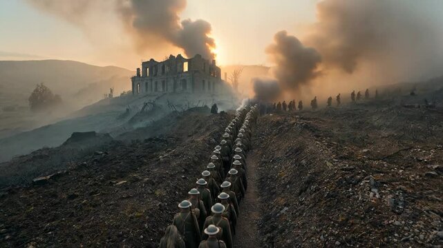 Close view of soldiers marching across muddy battlefield ground showing determination discipline and relentless forward movement with cinematic realism during frontline warfare