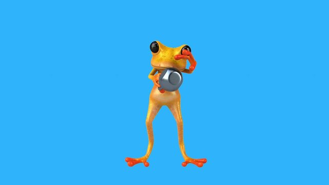 Conceptual 3D animation of a cartoon frog lifting a kettlebell