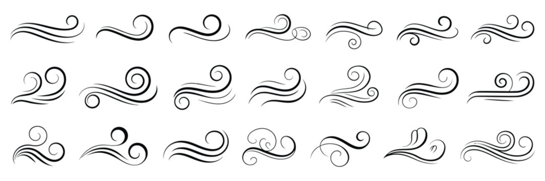 Blowing wind icon collection in black on a white background, set of wind blow line icons, vector illustrations representing air flow