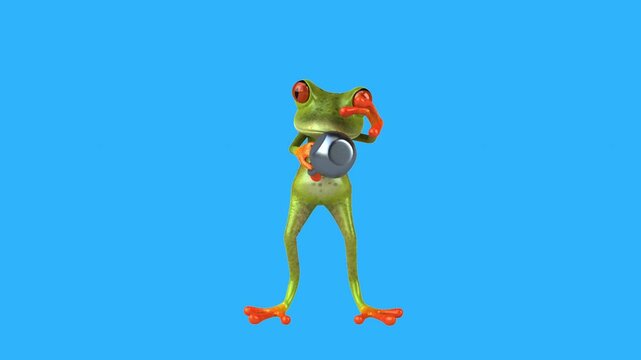 Conceptual 3D animation of a cartoon frog lifting a kettlebell
