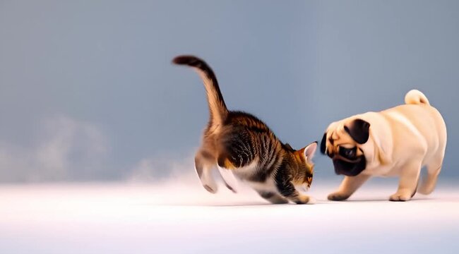 Playful cat and pug interact on studio background