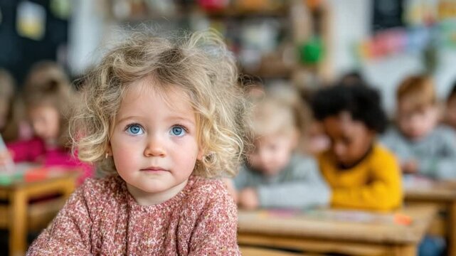 Curiosity of Early Childhood: Capturing the innocent gaze of a young child, set against the backdrop of a bustling classroom, evokes a sense of wonder and the promise of discovery.