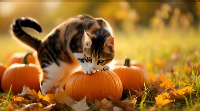 Playful kitten exploring pumpkins in autumn
