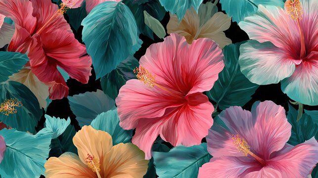 Vibrant seamless tropical hibiscus flower pattern