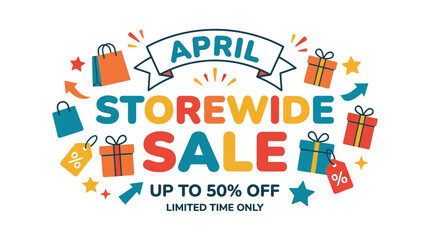 Obraz premium April Storewide Sale Banner with Shopping Bags and Gifts