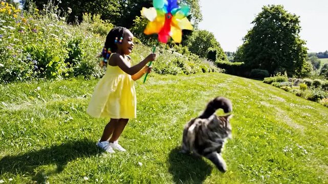 Girl plays with cat outdoors.