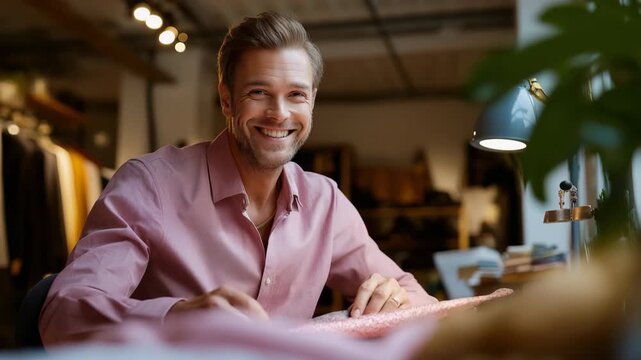 Adult caucasian male tailor working in a workshop with focused expression