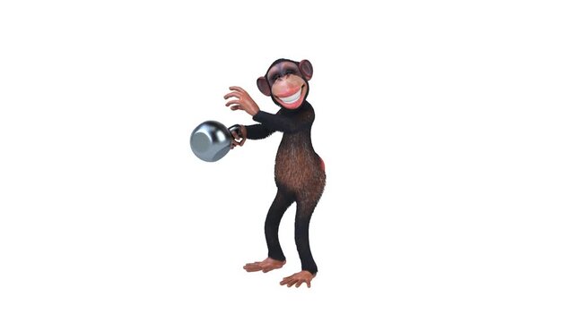 Conceptual 3D animation of a cartoon monkey lifting a kettlebell