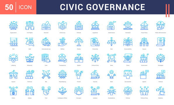 Civic Governance Icon Set. organization, civil rights, electoral, aristocracy, political and more. Line Gradient vector icons collection.