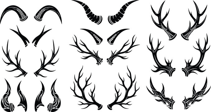 Deer antlers and horns collection black silhouette animal horn shapes vector illustration