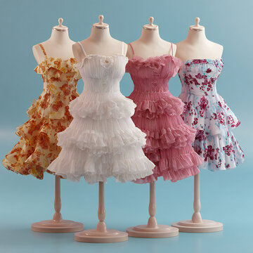 Fashion concept with full clothing store , Ladies' party and wedding short frocks in light blue background