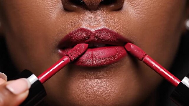 Extreme close-up of a woman applying deep red matte lipstick to her lower lip with precision.