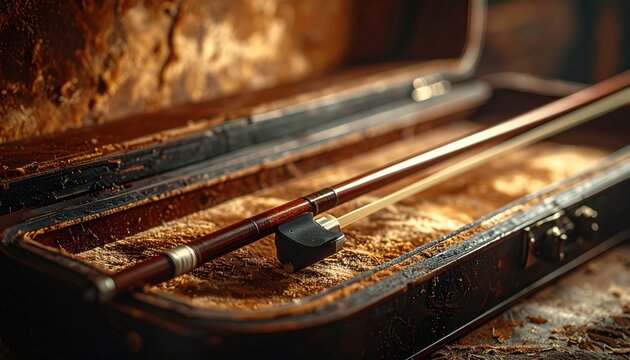 Close-up of a finely crafted violin bow resting within its aged, worn case, ready for musical performance.
