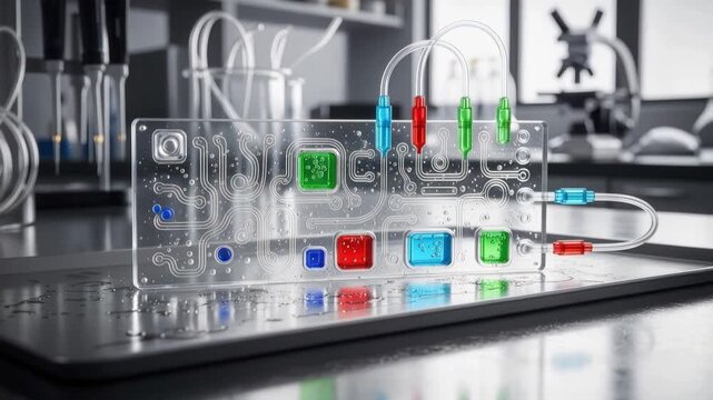 Close-up of a laboratory device with colorful buttons and tubes on a metal tray