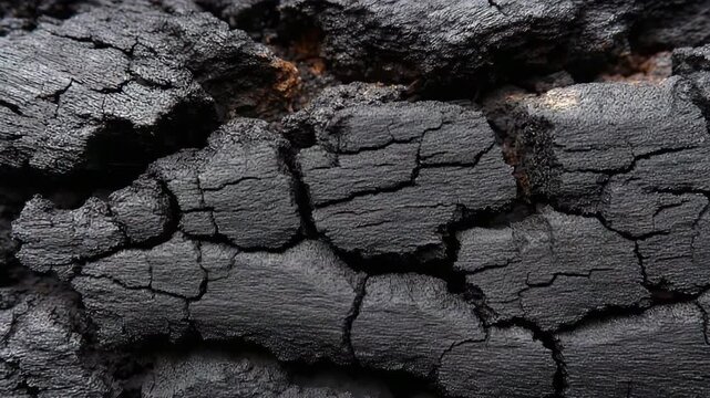 Close-up of charred wood texture with cracks and ash patterns