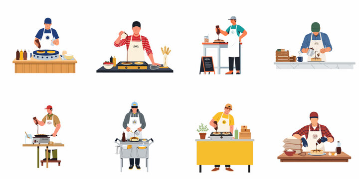 A collection of eight male chefs and street food vendors preparing and serving pancakes at different stalls, isolated on a white background.