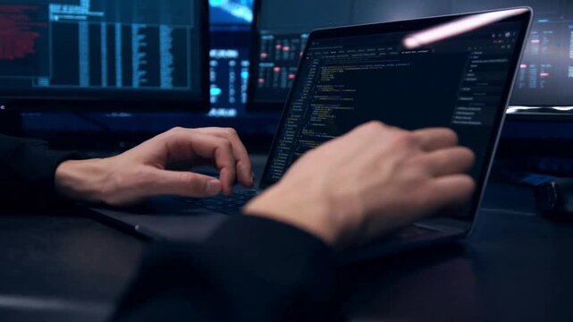 IT specialist work in laptop screens of codes and program software. Side view of man's hands typing code on laptop. development web, background 4K