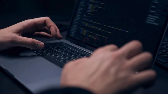 man hands coding html and programming on screen Blockchain crypto developer and binary program code concept hands coding and programming on laptop.
