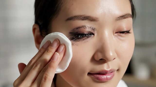 A woman gently wipes a white cotton pad across her eye to remove makeup and impurities.