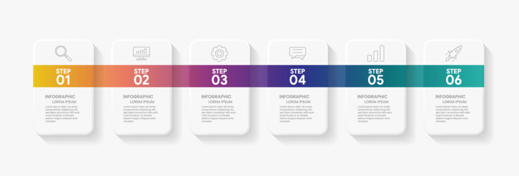 Connected horizontal infographic layout with 6 options, icons, and text placeholders.