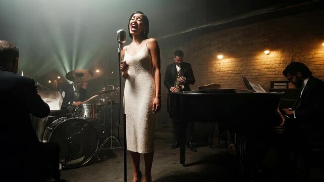 Elegant female singer performing emotional jazz ballad on stage with pianist and band under dramatic stage lights creating cinematic concert atmosphere in warm atmospheric light