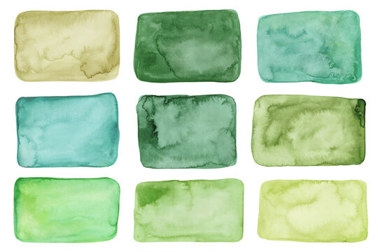 Green Watercolor Rectangular Shapes Set. Hand painted brush stroke, smear set isolated on white background. Watercolour aquarelle paint green stains collection.