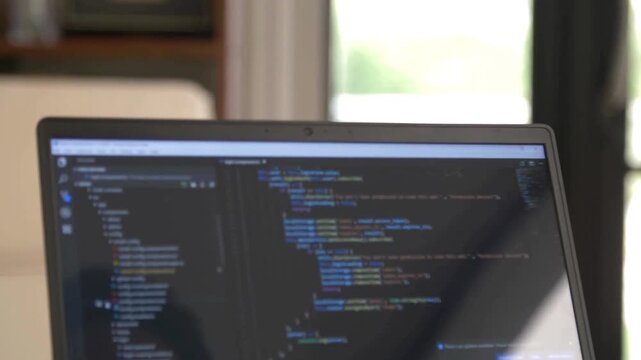 Man hands coding html and programming on screen laptop, close up hands engineers developing software program code on computer display in slow motion.