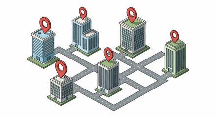 3D isometric city map with location markers. © Malikmagak
