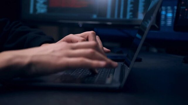 Man hands coding html and programming on screen laptop, IT engineer software developer keyboard. Programmer or hacker is typing code on keyboard 4K HD