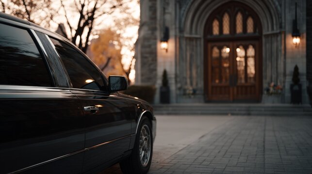 side view of modern hearse in the foreground, church doors on the background