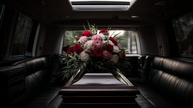 coffin with flowers on it inside a modern hearse