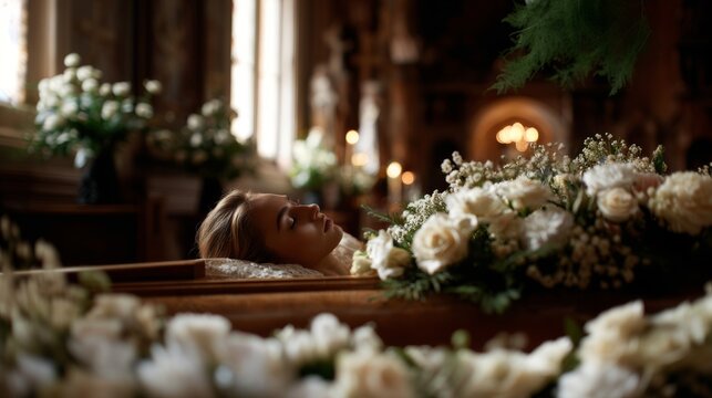woman in the coffin with flowers in the church