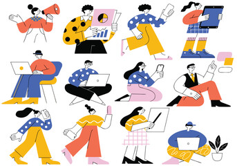 Twelve stylized characters in patterned clothing use digital devices and office supplies while standing or sitting against a white background in flat style.