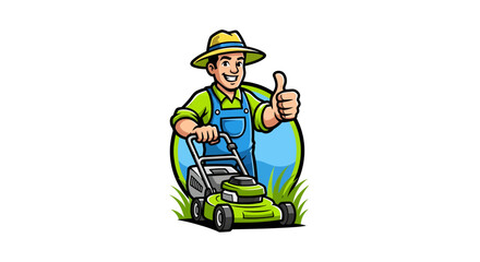 Obraz premium Happy Gardener with Lawn Mower Giving Thumbs Up.