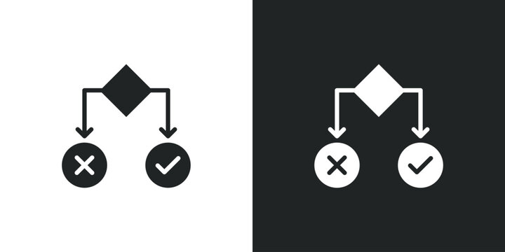 Decision tree flowchart icon showing logic process with check mark and cross symbol options. Filled single symbol. Flat style sign. Solid glyph vector illustration