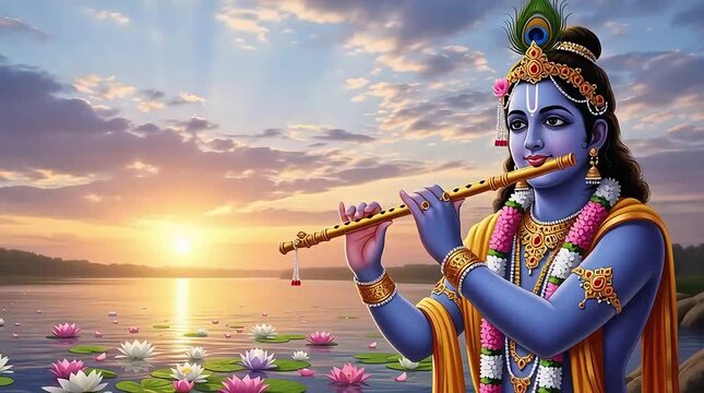 Divine lord Krishna playing a golden flute by a serene lotus pond at a beautiful sunset, capturing spiritual devotion and peaceful tranquility in motion.